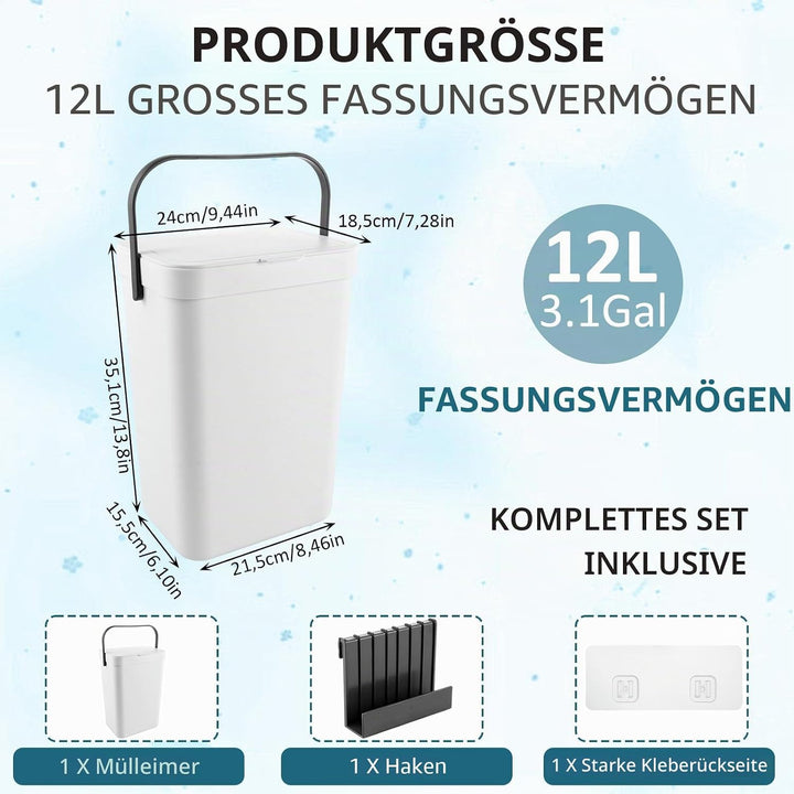 AKOLAFE Mülleimer Hängend mit Deckel 12L Komposteimer Küche Bioabfallbehälter mit Tragegriff und Hak