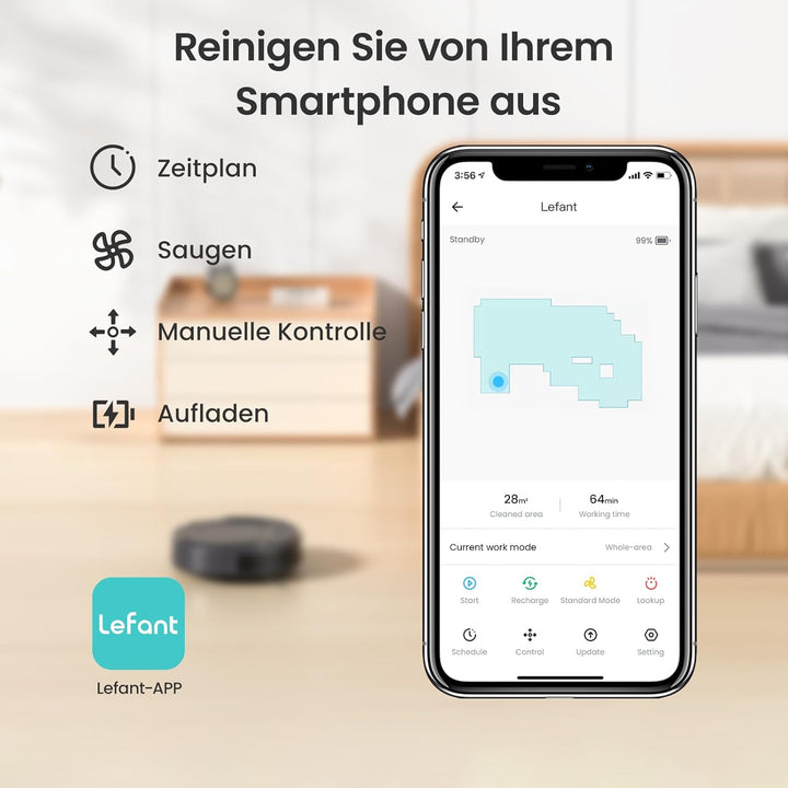 LEFANT Staubsaugerroboter, dünn, leise, WLAN, Bluetooth, Alexa-App, 6 Reinigungsmodi, Selbstladung,