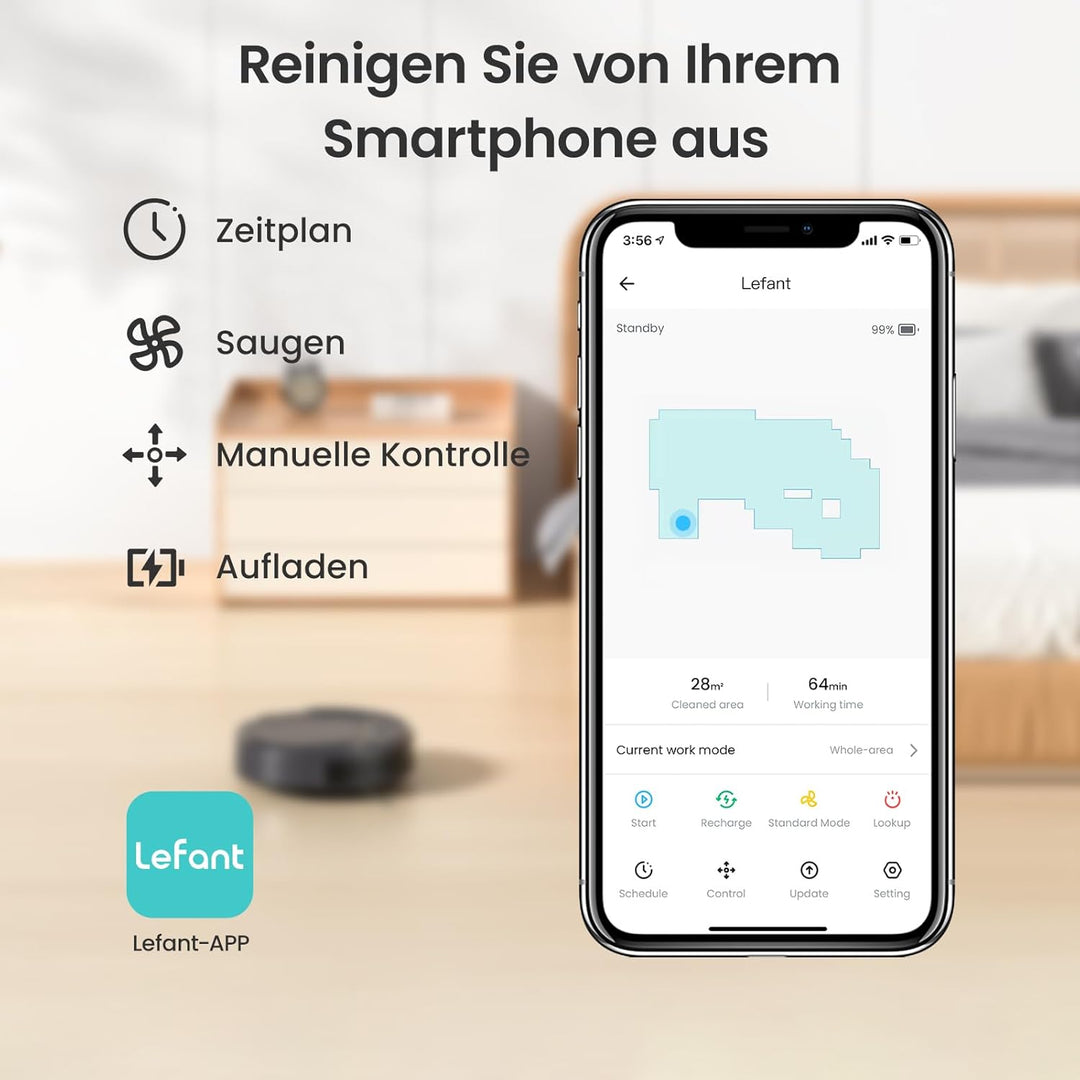LEFANT M210P Saugroboter ohne Wischfunktion, 2200 Pa Saugkraft, 120 Min.Steuerung per WLAN, Bluetoot