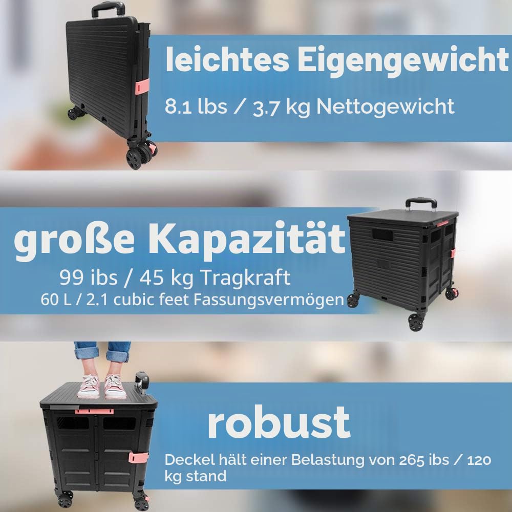 Faltbare Einkaufstrolley-Box auf Rädern mit Deckel, verschleissfester, geräuschloser 360 ° -Drehung