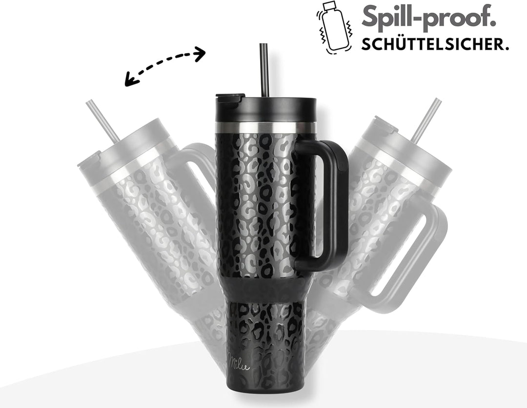 Milu Thermobecher 1,2L mit Strohhalm und Henkel 48h Eis/24h kalt/12h heiss Edelstahl Tumbler 40oz mi