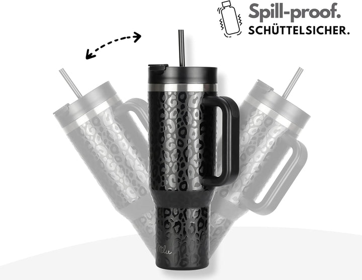 Milu Thermobecher 1,2L mit Strohhalm und Henkel 48h Eis/24h kalt/12h heiss Edelstahl Tumbler 40oz mi