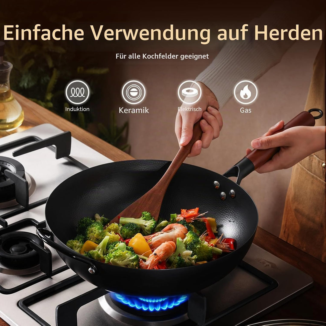 Kordisen 32 cm Wok aus Kohlenstoffstahl mit Deckel, flacher Boden, natürlich antihaftbeschichtet, ge