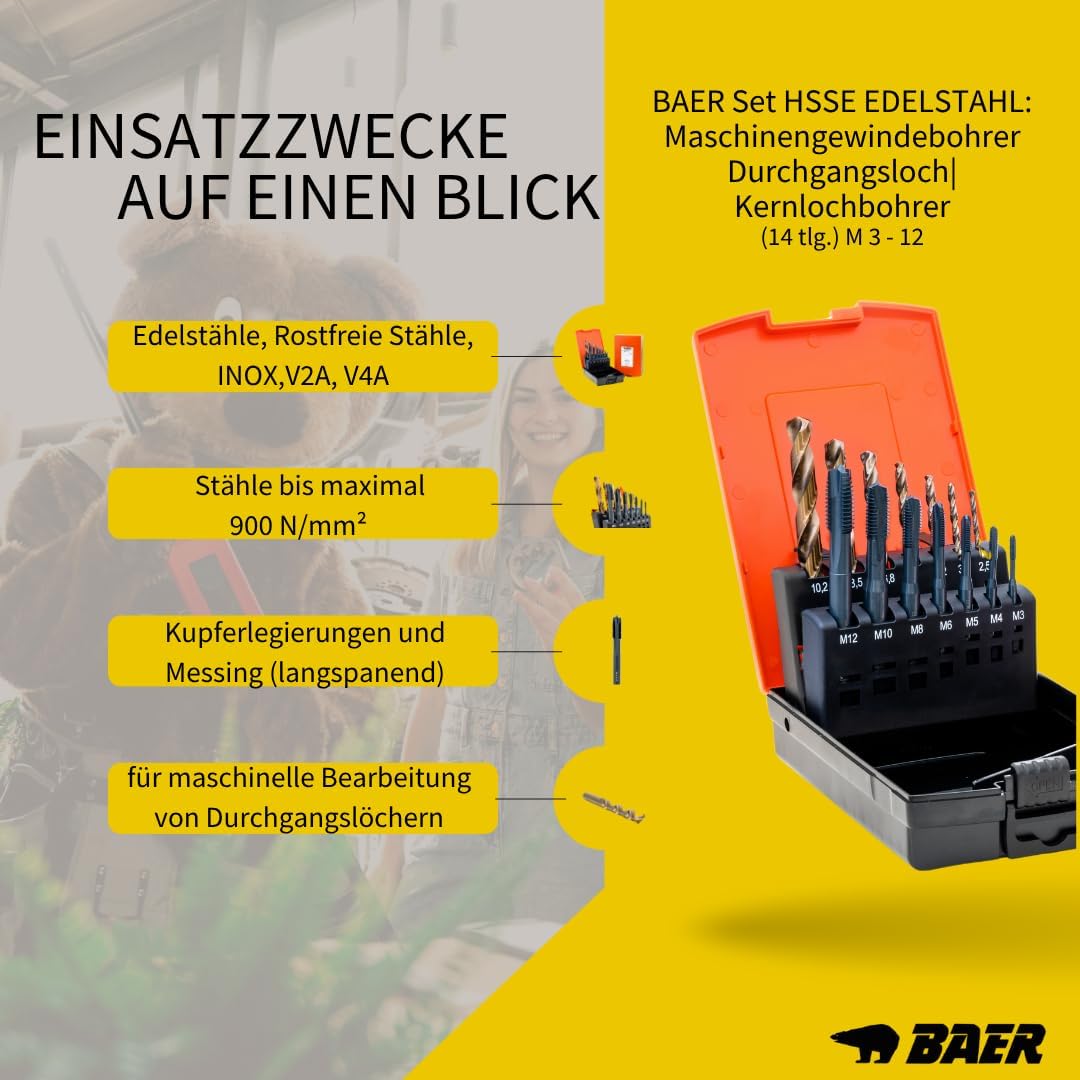 BaerCoil BAER Gewindeschneider Set M3 - M12 - HSSE EDELSTAHL - Maschinengewindebohrer Durchgangsloch