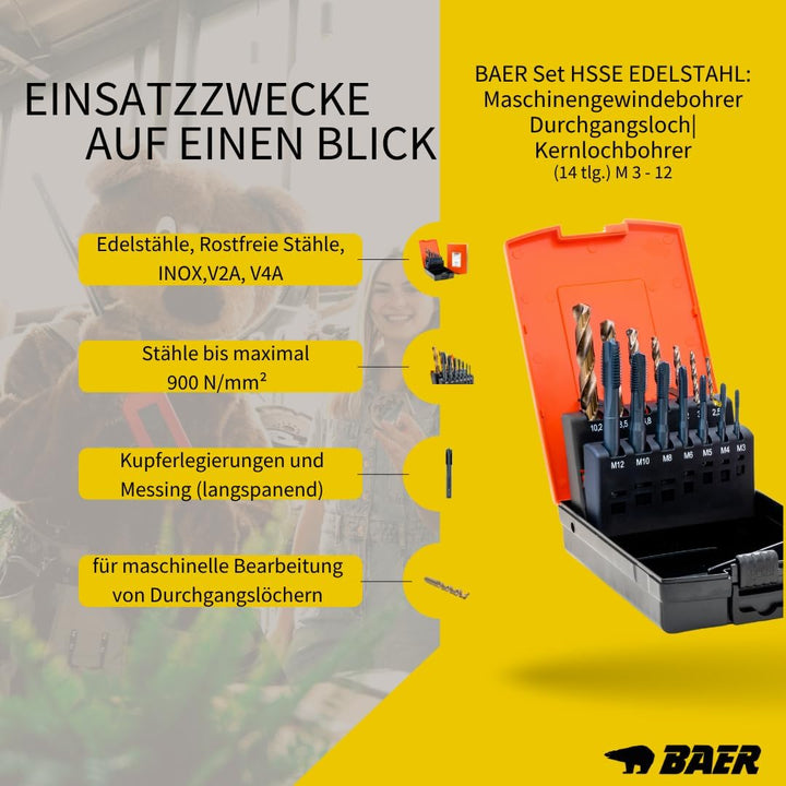 BaerCoil BAER Gewindeschneider Set M3 - M12 - HSSE EDELSTAHL - Maschinengewindebohrer Durchgangsloch