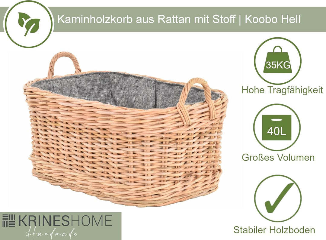 Holzkorb für Kaminholz Rattan geflochten mit Griffen und Stoff Tragekorb Holz (Hell Natur, 55x42cm)