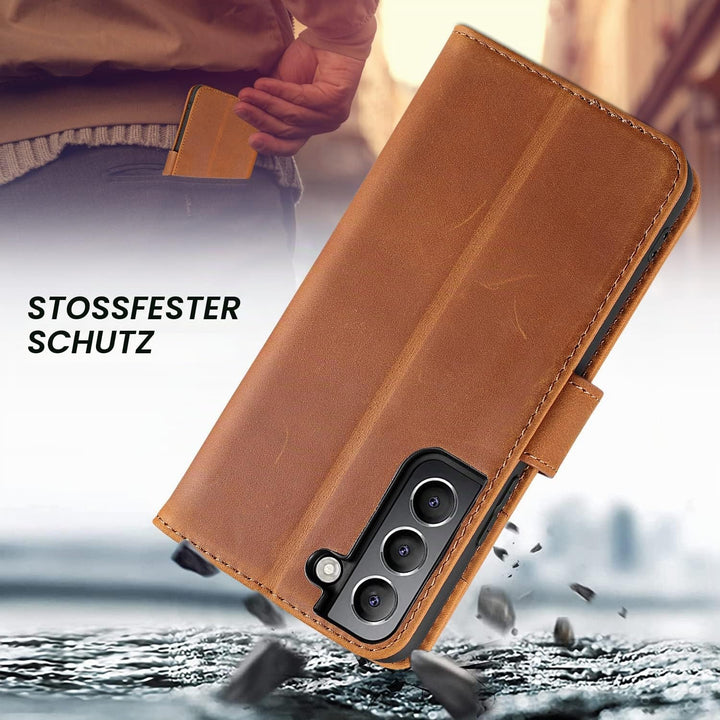 LENSUN Echtleder Hülle für Samsung Galaxy S22, Handyhülle Echt Leder [Magnetverschluss] [RFID Schutz