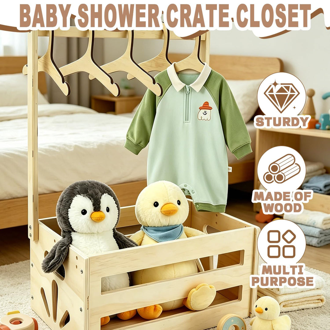 Holz Babyparty Kiste mit Griff, Baby Geschenk Korb mit 5 Kleiderbügeln, Dekorative Baby Aufbewahrung