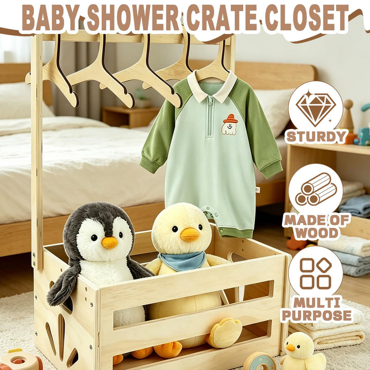 Holz Babyparty Kiste mit Griff, Baby Geschenk Korb mit 5 Kleiderbügeln, Dekorative Baby Aufbewahrung