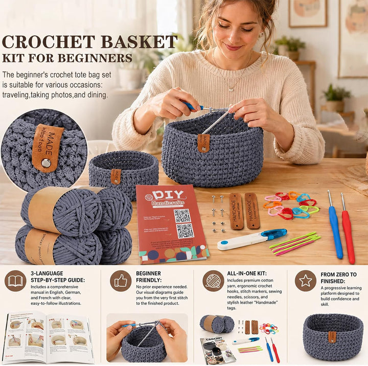 MIUUIPI Häkelset für Anfänger, 2Pcs Square Häkelkorb Häkelset, Komplettes Häkel Set, Korb Crochet Se