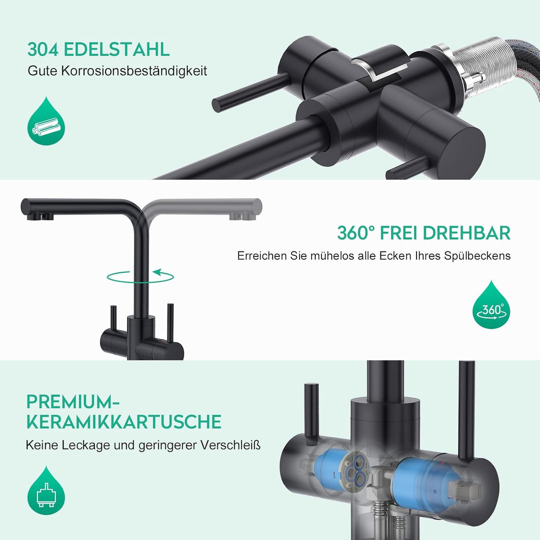 CREA Niederdruck Armatur Küche, 3 Wege Wasserhahn Küche, 360° Drehbar Küchenarmatur, 3 in 1 Mischbat