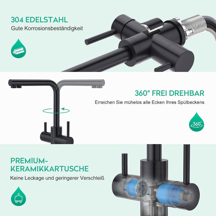 CREA Niederdruck Armatur Küche, 3 Wege Wasserhahn Küche, 360° Drehbar Küchenarmatur, 3 in 1 Mischbat