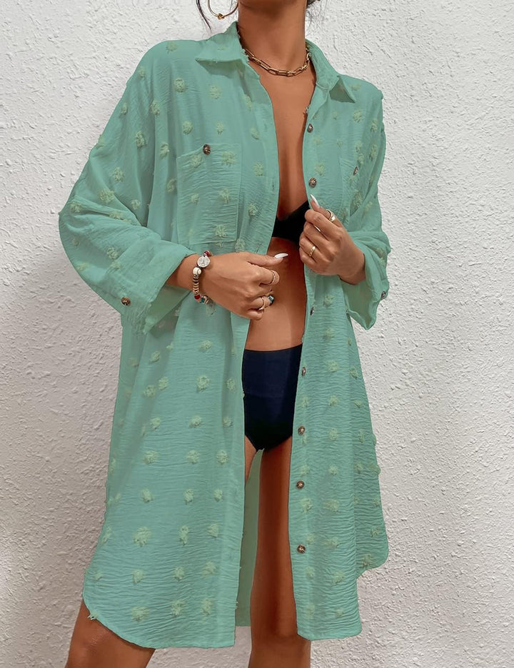 Bsubseach Badeanzug Coverup für Frauen Badeanzug Cover Up Button Down Shirt Kleider Swiss Dot Blau G