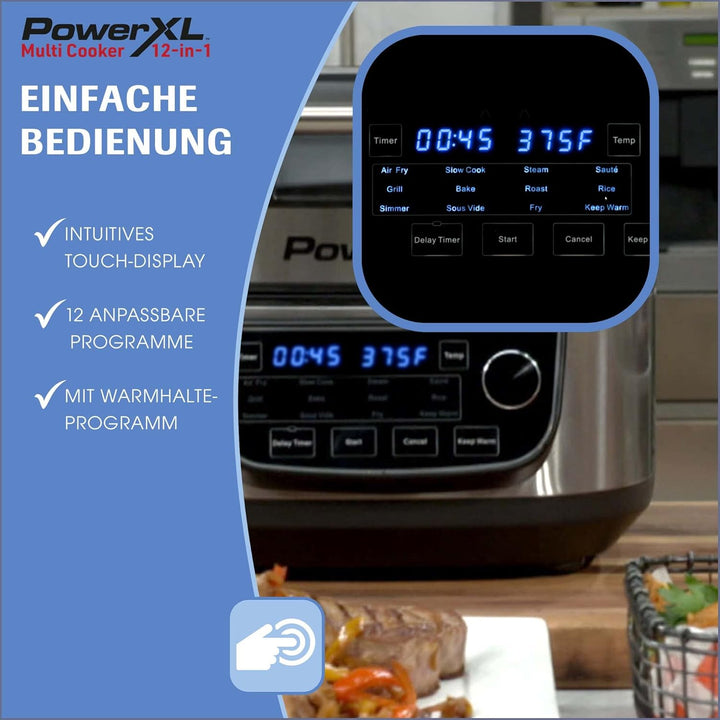 PowerXL MultiCooker Frittierkorb-Set - 12 in 1 Multikocher mit Warmhaltefunktion - Heissluftfritteus