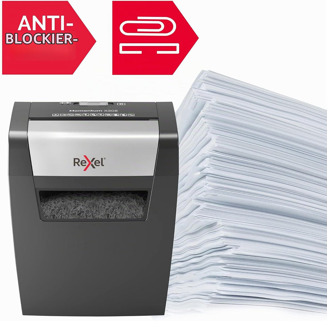 Rexel Aktenvernichter Momentum X308, Partikelschnitt, 9-8 Blatt A4 (70-80 g/m²) Kapazität, Sicherhei