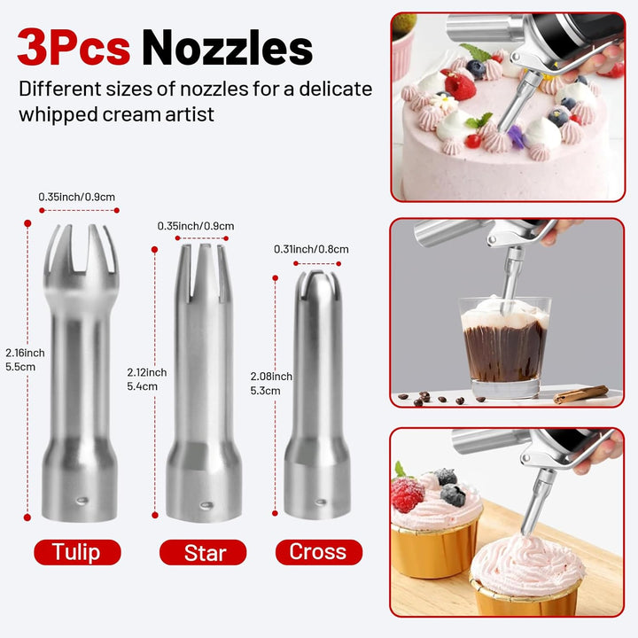 Sahnespender,Sahnesyphon Aluminium 500ml für Schlagsahne,Cremes,Desserts und Sossen mit 3 Edelstahl