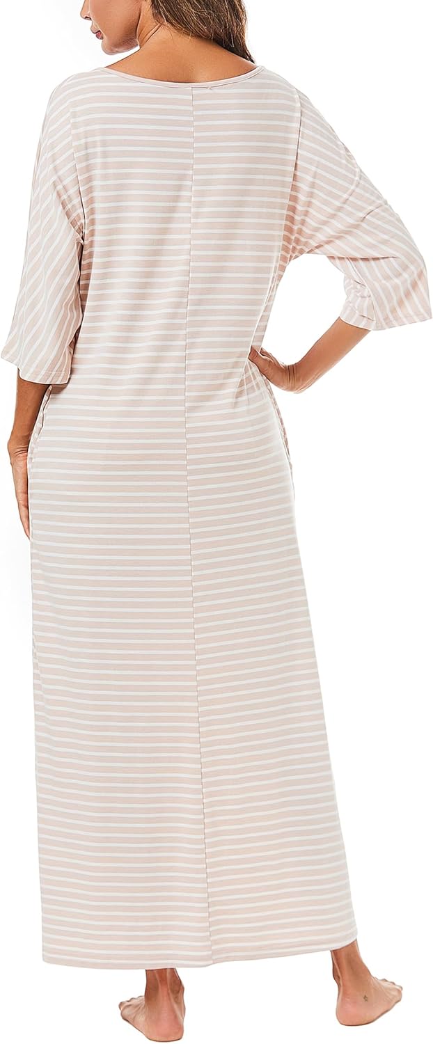Uniexcosm Nachthemd Damen Lange Baumwolle 3/4 Ärmel Nachtkleid Nachtwäsche V-Ausschnitt Freizeitklei