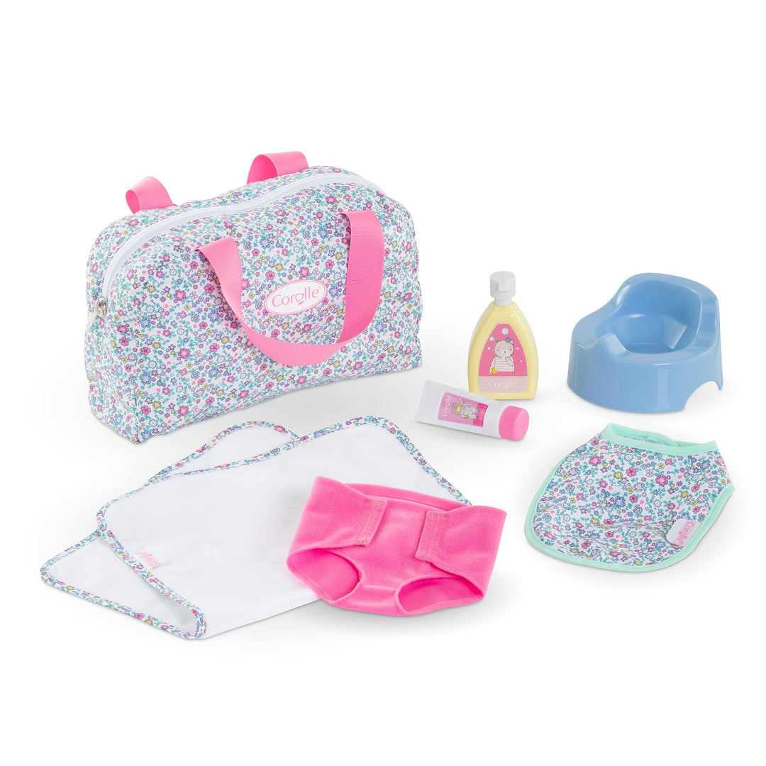 Corolle Mon Grand Poupon Wickeltasche und Zubehör, 7 Teile, Wickeltasche, Unterlage, Windel, Creme,