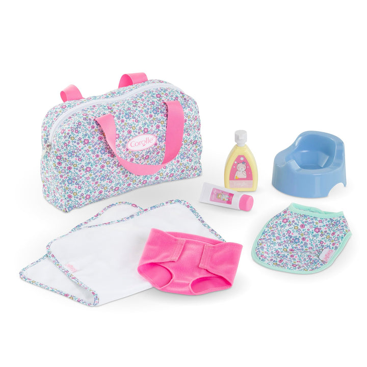 Corolle Mon Grand Poupon Wickeltasche und Zubehör, 7 Teile, Wickeltasche, Unterlage, Windel, Creme,