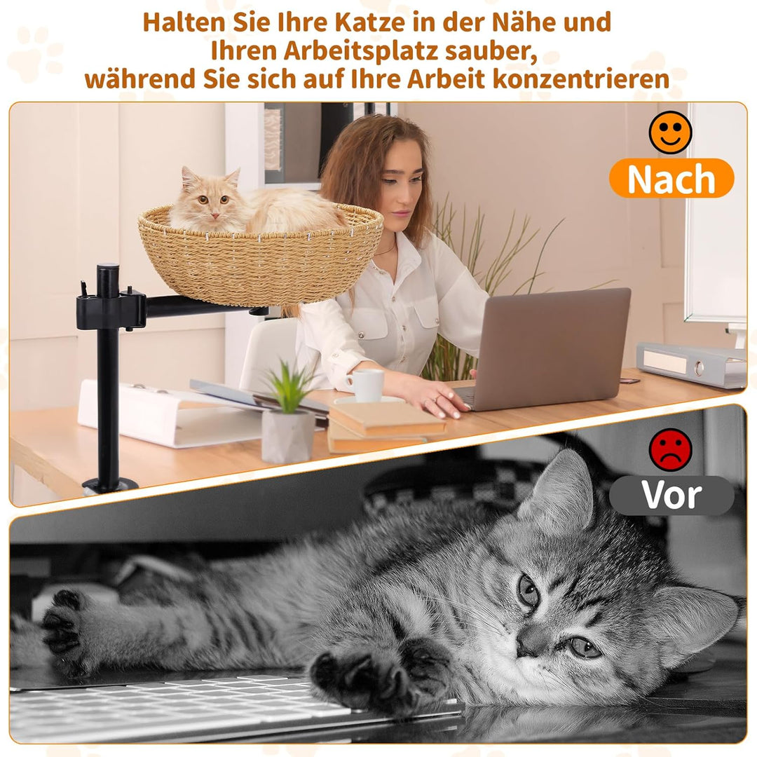 Katzenbett für Schreibtisch - 360° Drehfunktion & höhenverstellbar, Montage ohne Bohren, erweitert d