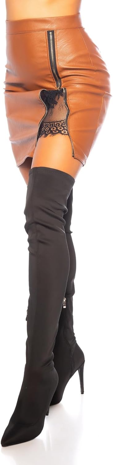 Koucla Rock Lederlook Leder- Kunstleder Optik High Waist Minirock mit Schlitz und Spitze S Braun, S