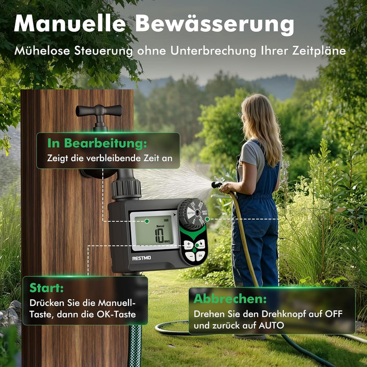 RESTMO Bewässerungscomputer mit druckverlustfreiem Kugelhahn (0-120 PSI), Intervall-Programm (2 Modi