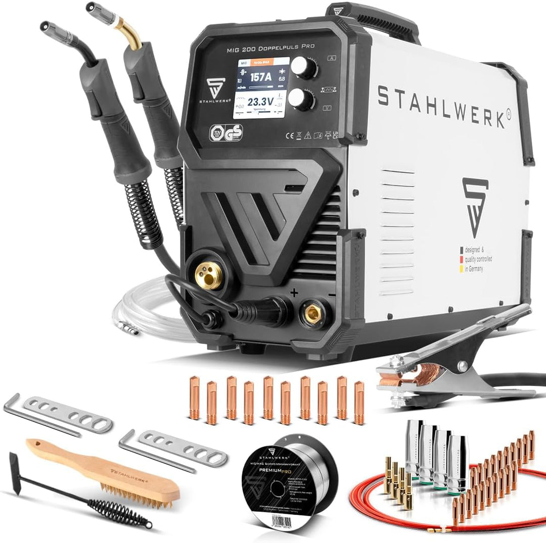 STAHLWERK MIG MAG 200 Doppelpuls Pro leistungsstarkes Schweissgerät im Set mit MIG MAG-Schweissbrenn