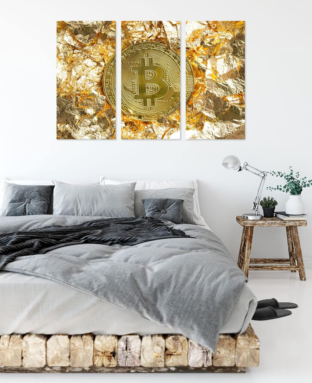 Bitcoin BTC Goldpapierals Leinwandbild 3 teilig | Grösse: 120x80 cm | Wandbild | Kunstdruck | fertig