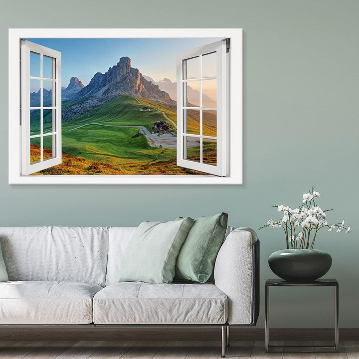 PICANOVA – Bild auf Leinwand Felsiger Berg Fenster 120x80cm Leinwandbild – Premium Leinwanddruck – W