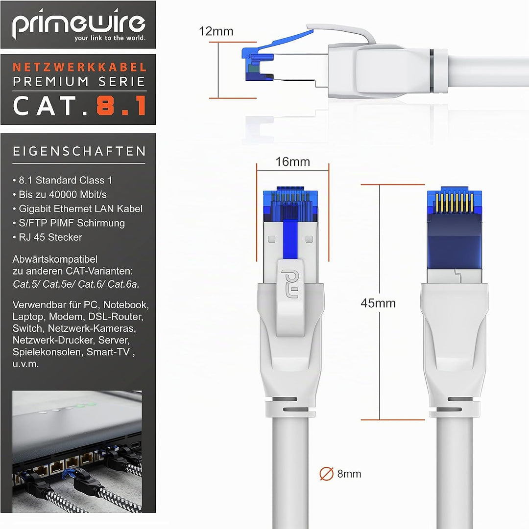 Primewire - CAT 8 Netzwerkkabel 20m - LAN Kabel Patchkabel Datenkabel - CAT8.1 High Speed Gigabit Et