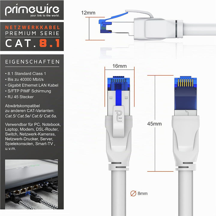 Primewire - CAT 8 Netzwerkkabel 15m - LAN Kabel Patchkabel Datenkabel - CAT8.1 High Speed Gigabit Et