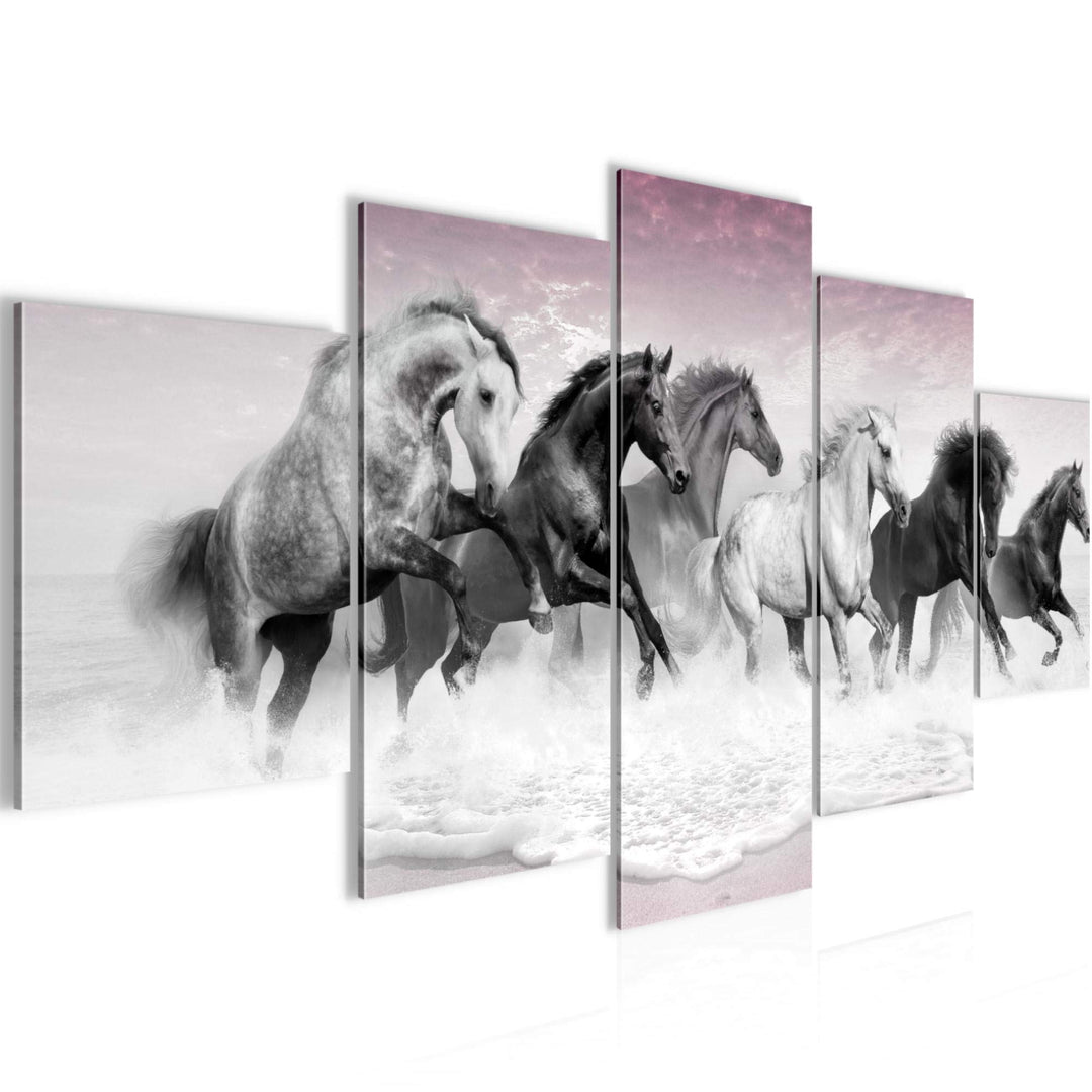 Runa Art Wandbilder Pferde 5 Teilig Bild auf Vlies Leinwand Deko Wohnzimmer Schlafzimmer Tiere Grau