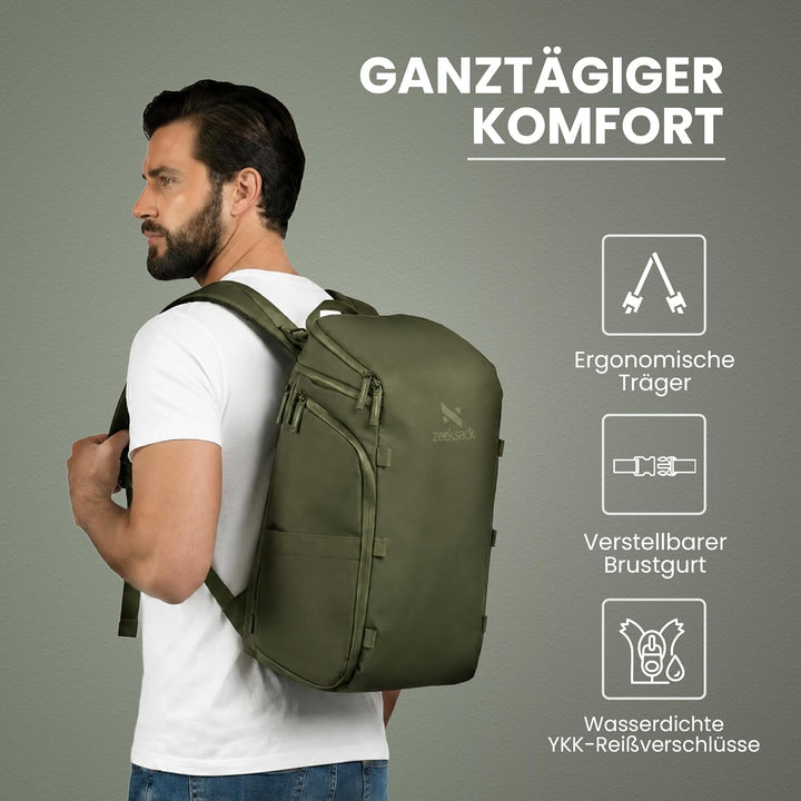 Zeeksack The Organizer - Rucksack Grün 20L - Wasserabweisender Reiserucksack mit Laptopfach, herausn