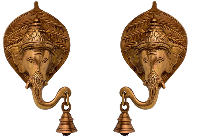 Purpledip Brass Wall Hanging Antique Finish Ganesha Bell (Set Of 2): Symmetrical Heads For Peace, Ha