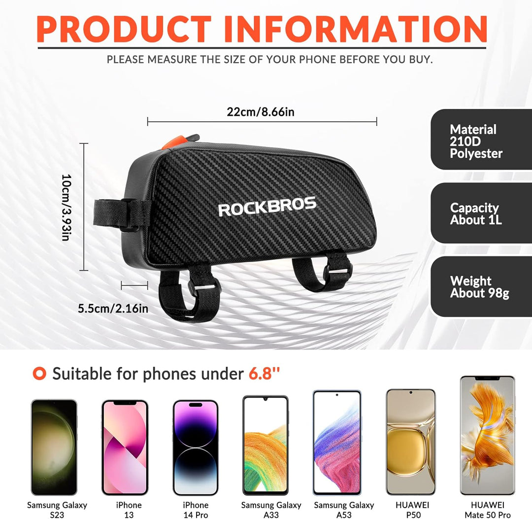 ROCKBROS Rahmentasche Fahrradtasche für Fahrradrahmen Oberrohrtasche ca.1L 22 * 10 * 5,5cm