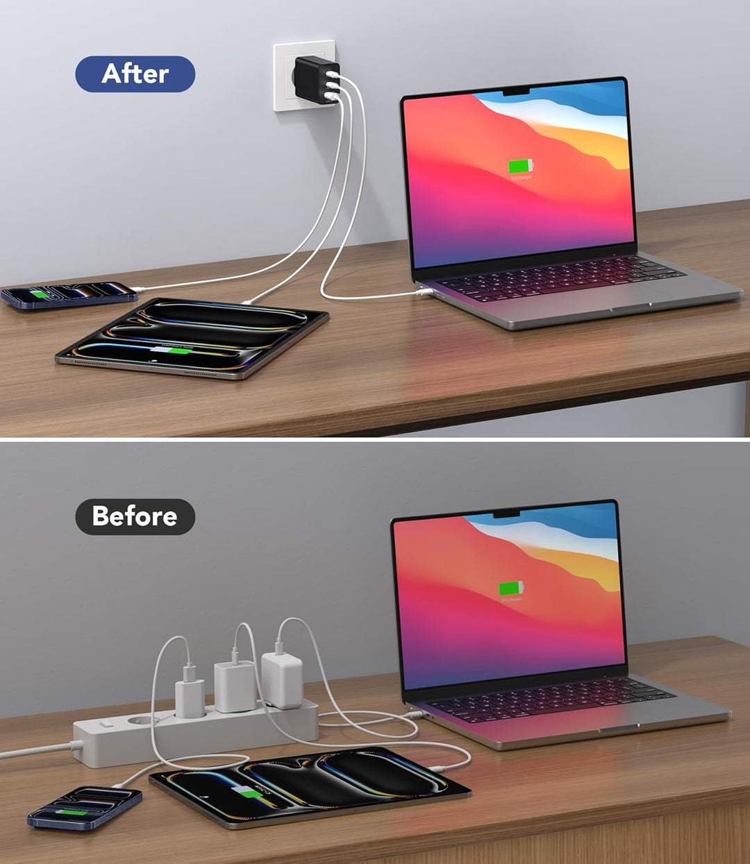 65W USB C Ladegerät, 3Port Schnellladegerät mit 2M Typ C Ladekabel geflochtenem USB C Netzteil für T