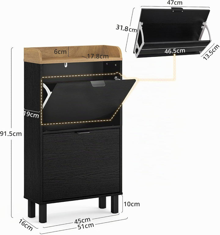 LUE BONA Schuhschrank schmal, Schuhschrank mit 2 Flip-Klappen, Schuhkipper mit Holzfüssen, Schuhrega
