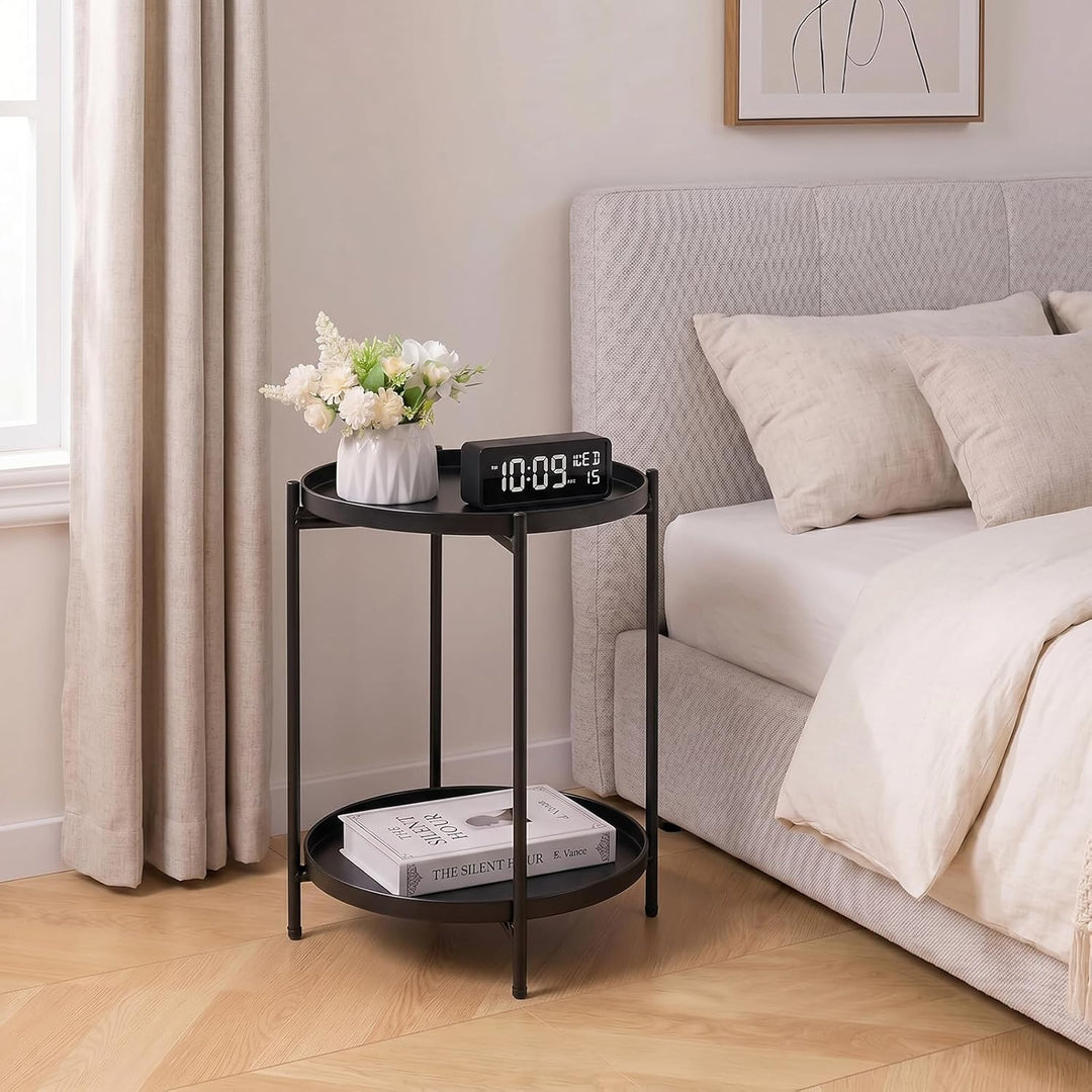 HollyHOME Runder Beistelltisch, 2 Ebenen Beistelltisch Metalltablett, Snacktisch, Couchtisch, Teetis