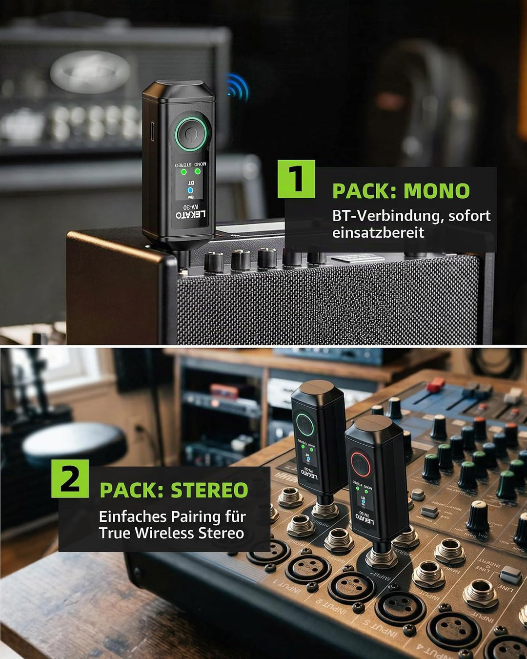 LEKATO iW-30 Bluetooth-Empfänger mit 6,35 mm Klinkenstecker, Mono/Stereo Wireless Audio Receiver, 15