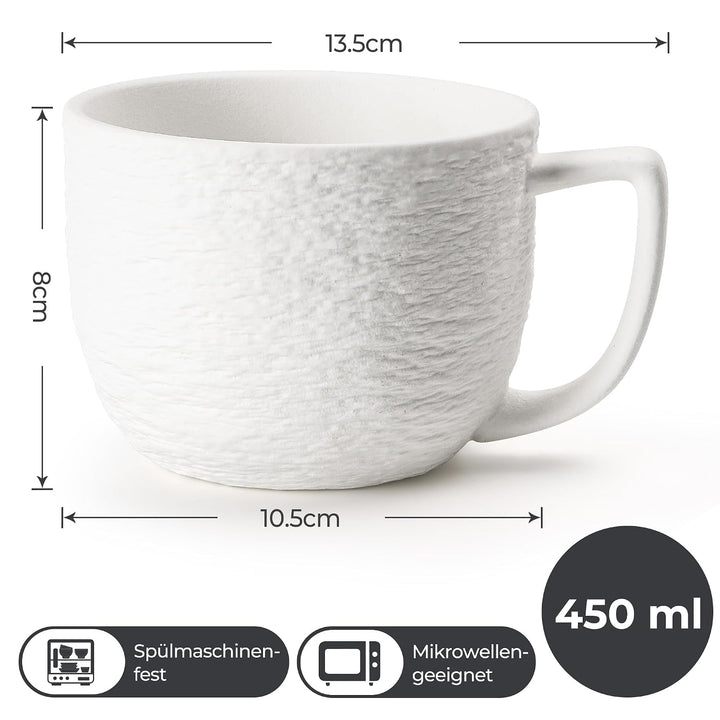 MIAMIO - Kaffee Tassen Set 4er / weisse Kaffeebecher 450 ml/Tasse für Kaffee, Latte Macchiato, Tee,