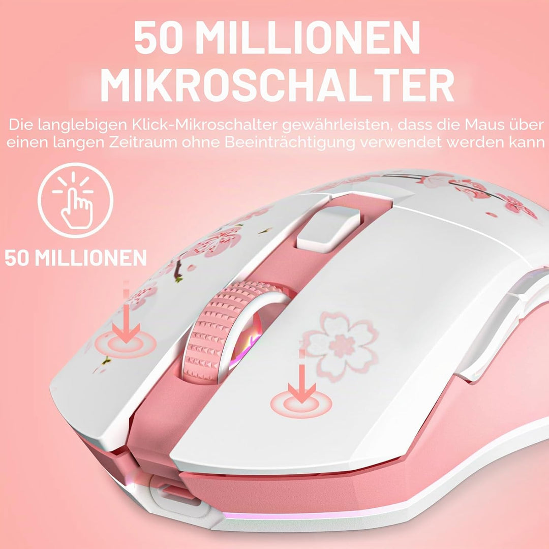 DAREU Sakura Pink Gaming Maus Kabellose mit Magnetic Charging Dock Wiederaufladbar RGB,12K DPI, 7 Pr