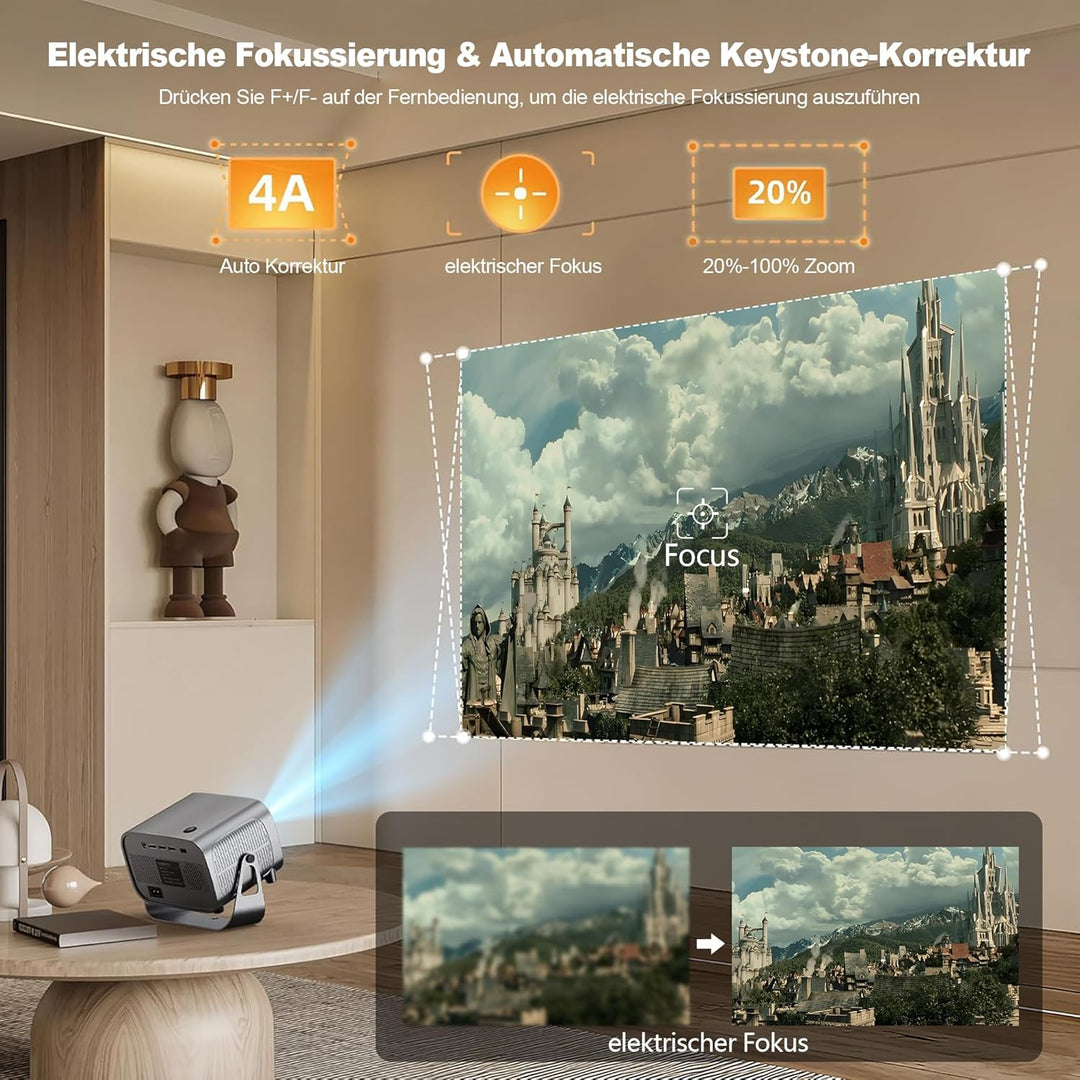 Mini Smart Beamer 4K Heimkino, Unterstützt 1080P, Tragbarer Projektor mit WiFi 6 und Bluetooth 5, El