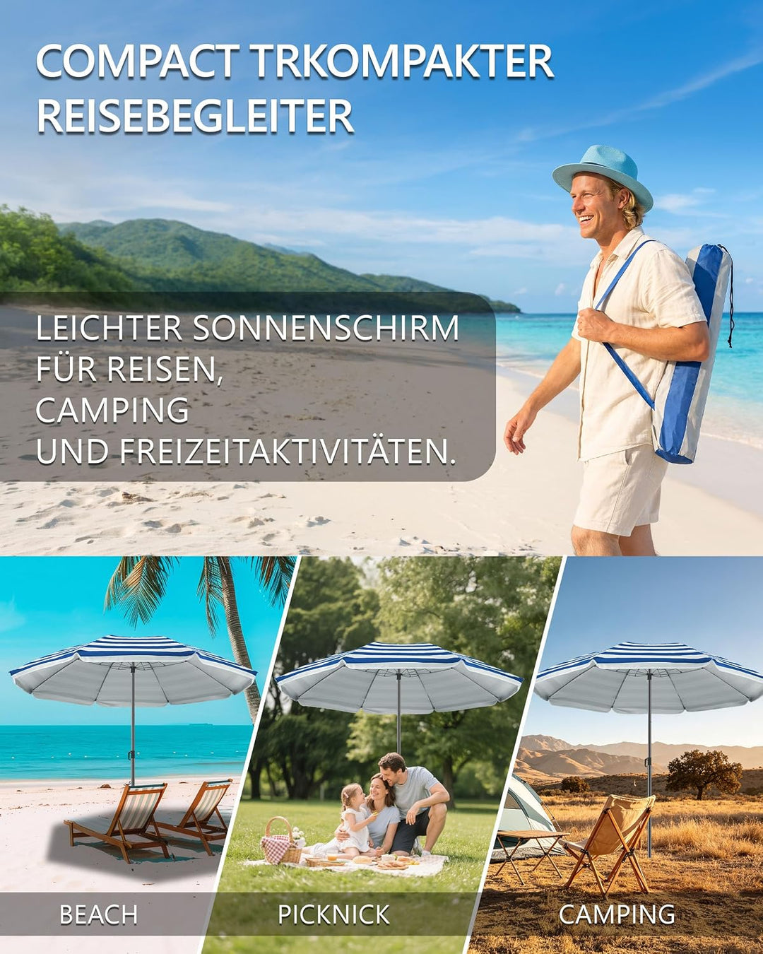 4smile Sonnenschirm Strand Ø 160 cm - UPF 50+ Praktischer Reise Sonnenschirm für Koffer - Funktionel