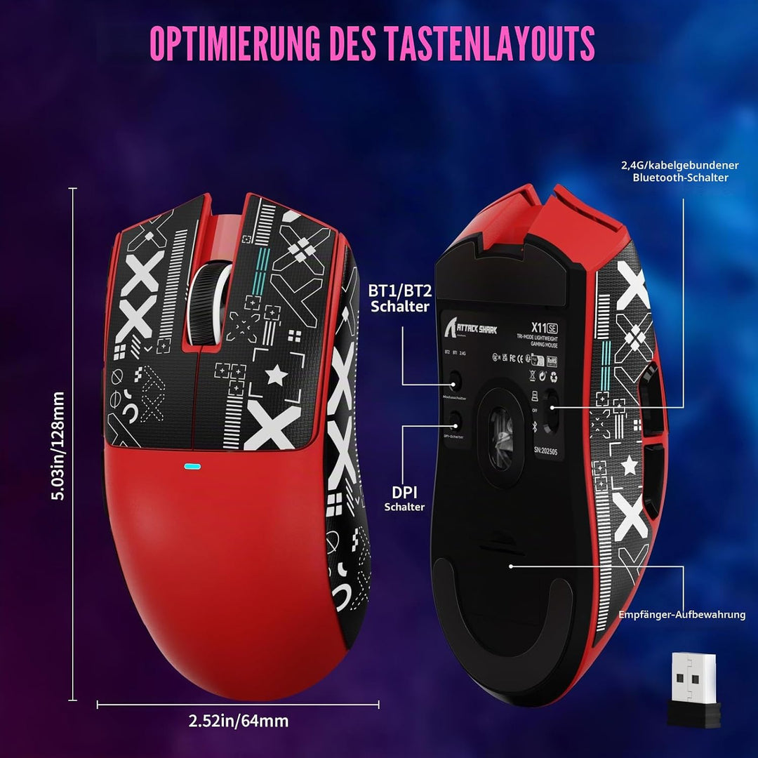 ATTACK SHARK X11 SE Kabellose Gaming-Maus, PixArt PAW3311 Gaming-Sensor, BT/2.4G Wireless/Kabelgebun