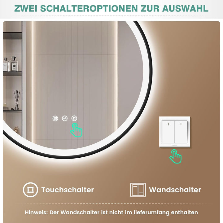 Runder Spiegel mit Beleuchtung 60 cm – Antibeschlag, Dimmbar, 3 Lichtfarben, LED Badspiegel mit Touc