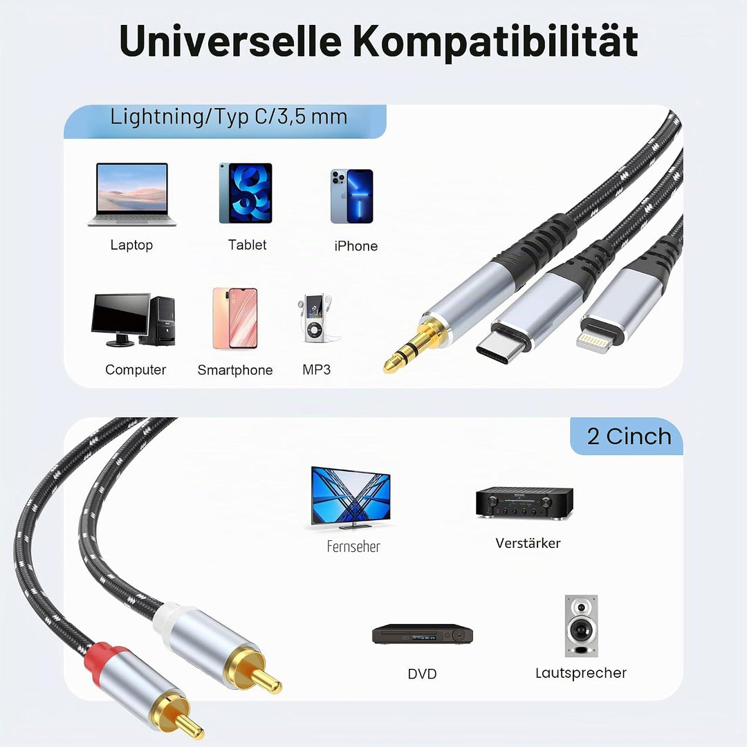 3,5mm zu RCA Audio Adapter, Lightning zu RCA Kabel für iPhone, iPad, MP3, Tablet, HDTV, Heim-Audiosy