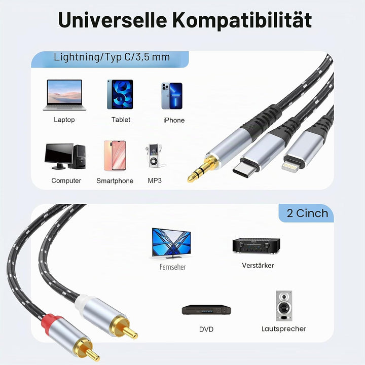 3,5mm zu RCA Audio Adapter, Lightning zu RCA Kabel für iPhone, iPad, MP3, Tablet, HDTV, Heim-Audiosy