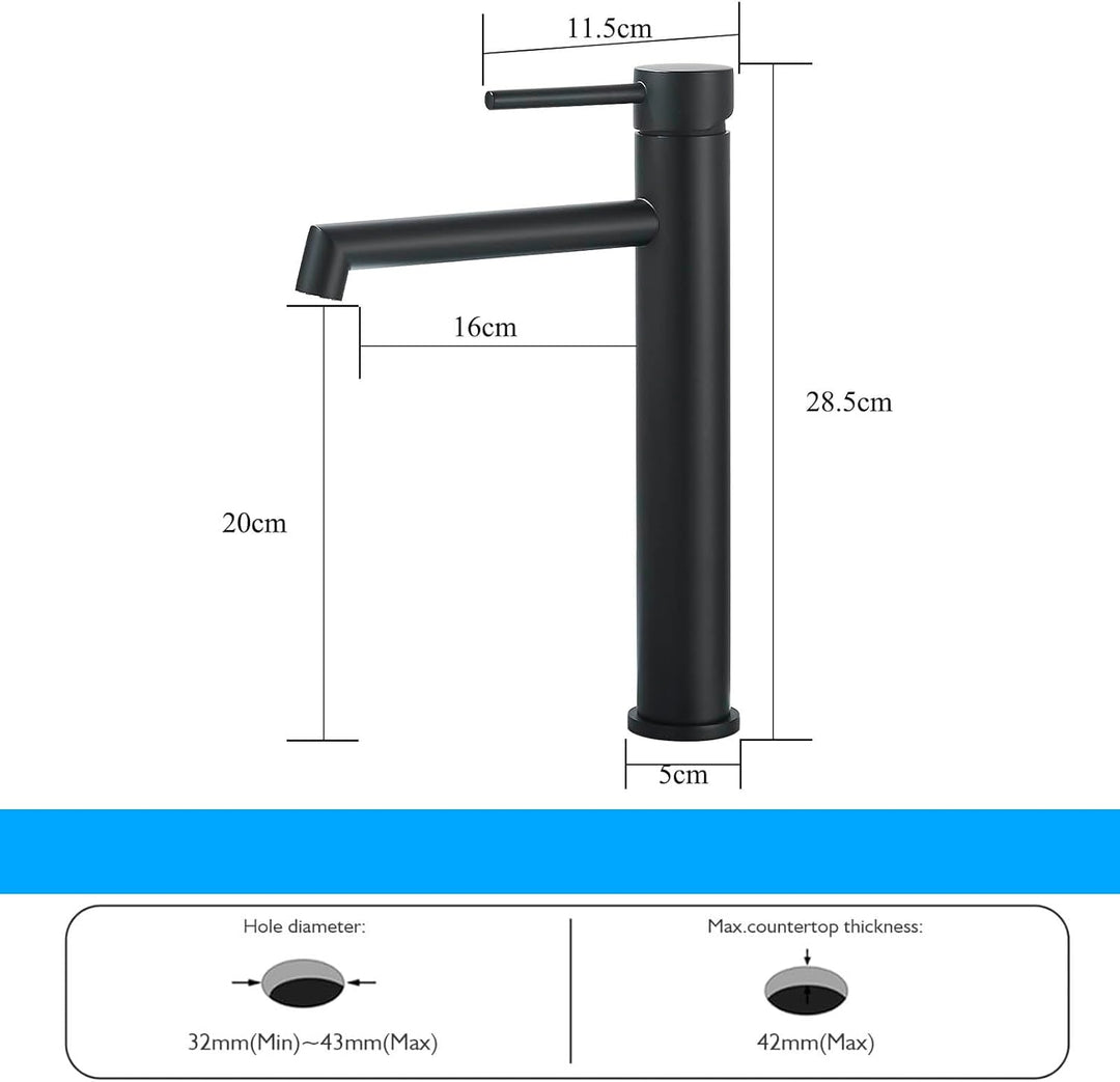 Waschtischarmatur Schwarz Matt Hoch Wasserhahn Bad Badezimmer Waschbecken Armatur Edelstahl Einhebel