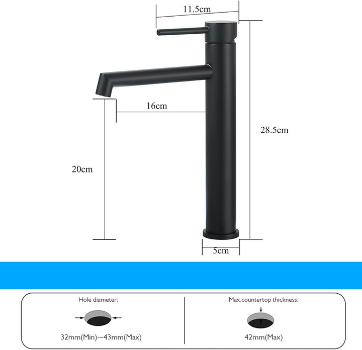 Waschtischarmatur Schwarz Matt Hoch Wasserhahn Bad Badezimmer Waschbecken Armatur Edelstahl Einhebel