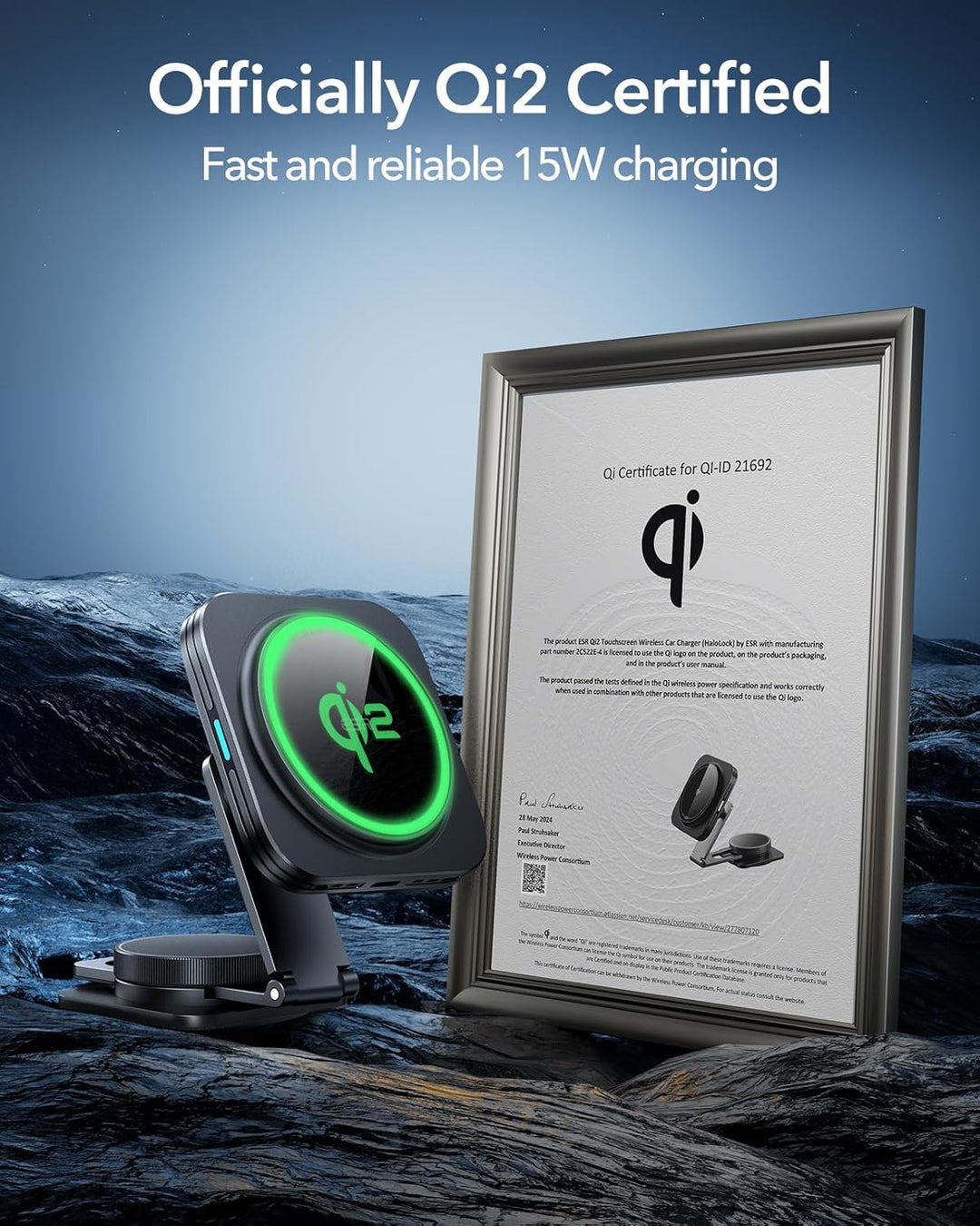 ESR für Qi2 15W Magsafe Autohalterung mit Ladefunktion, Qi2 Zertifiziertes Faltbares Armaturenbrett/